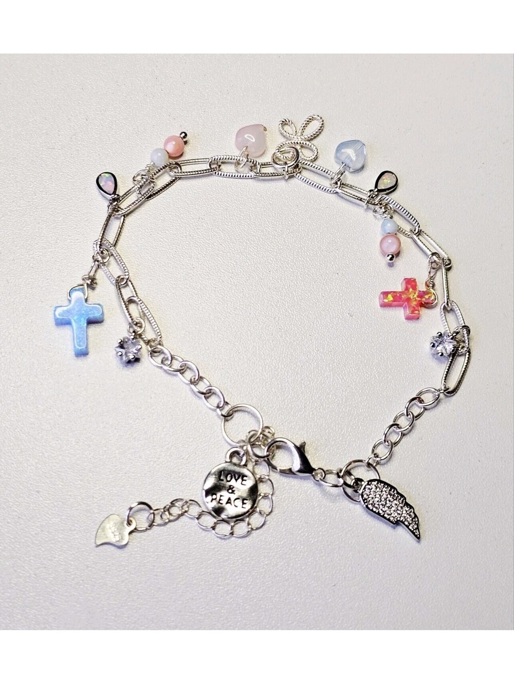 Loaded Cross Charm Bracelet Lab Opals Silver Adjustable To 9 Inches NWT